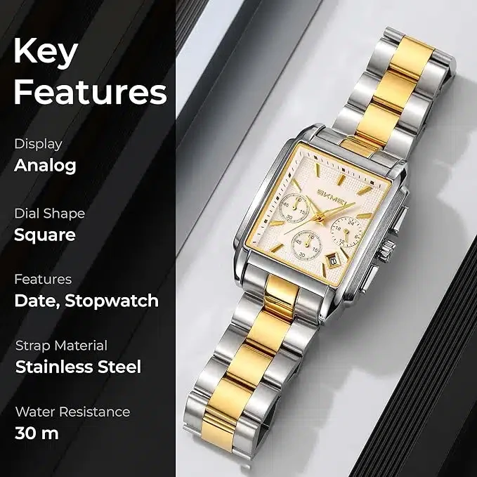 SKMEI Montre numérique de luxe Affichage analogique-numérique à quartz en acier inoxydable chronomètre