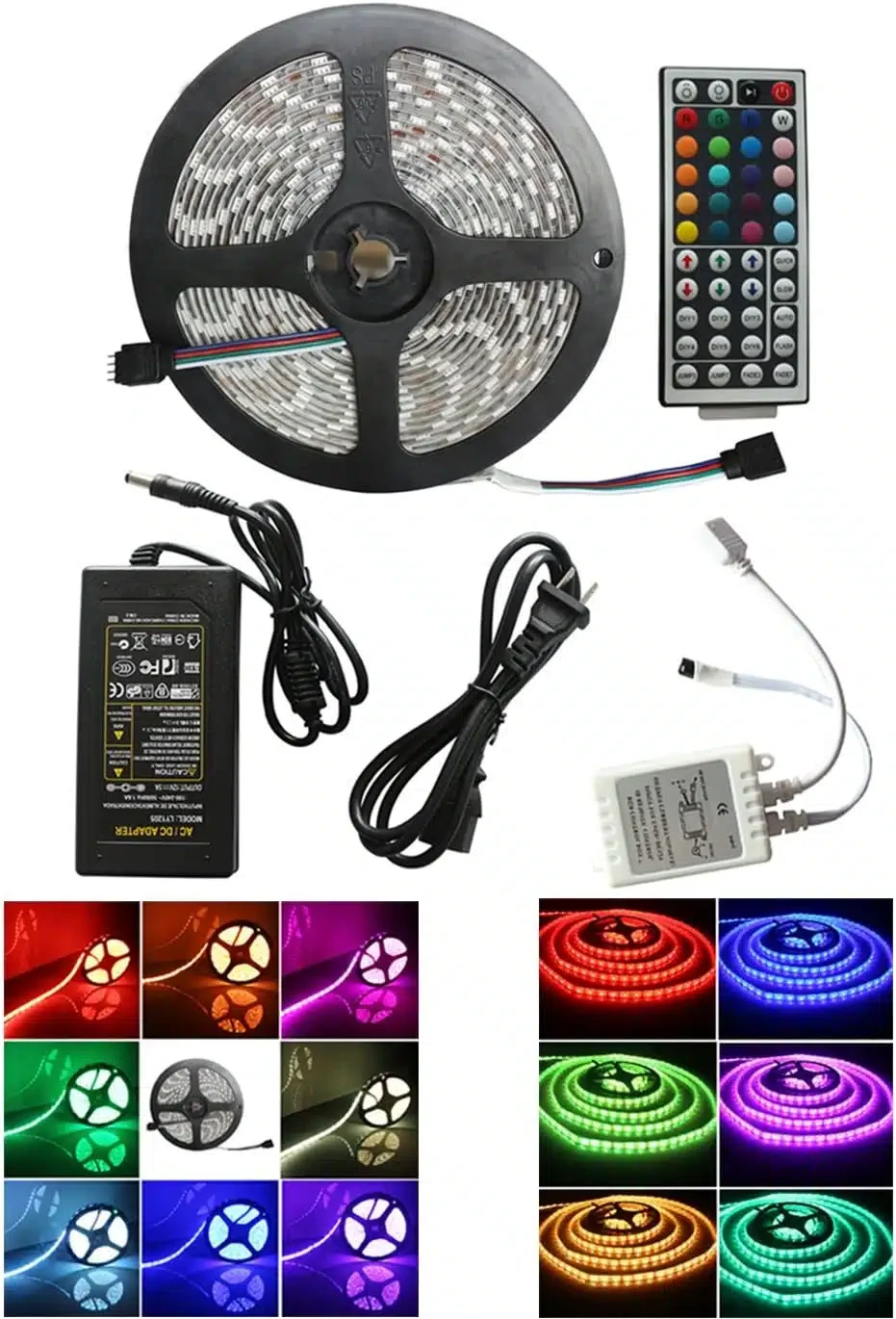 Bande lumineuse LED flexible 5050 SMD avec kit de contrôleur 44KR (12 V, 16,4 V, 300 LED, RVB) PVC