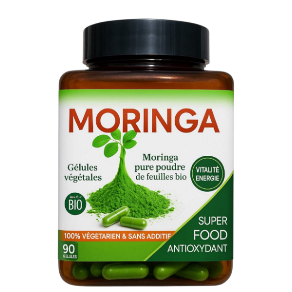 Moringa Bio Poudre Pure de Feuilles 100% Végétarien & Sans Additif 90 Gélules