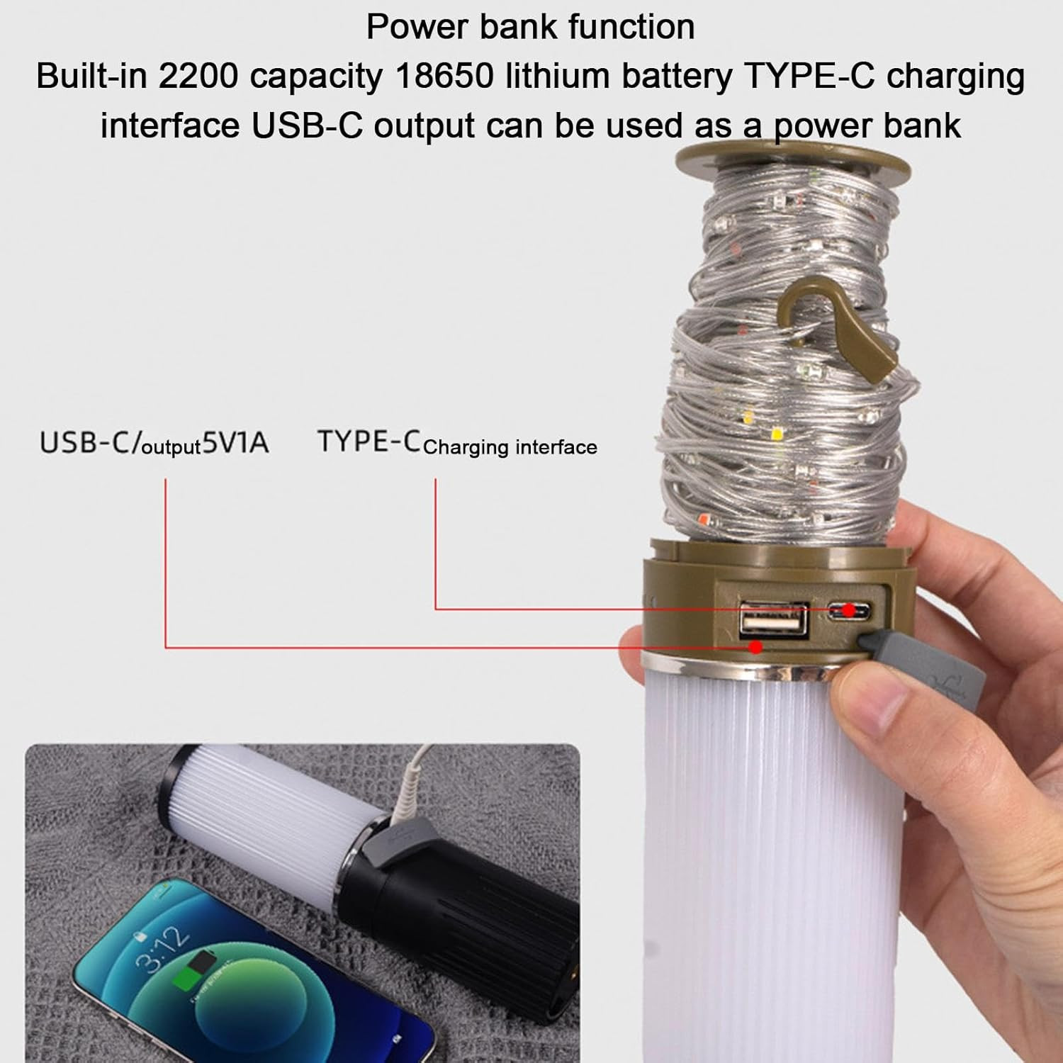 Lampes de camping pour l’extérieur 15 M, lampe de poche LED étanche, design crochet | Éclairage extérieur plusieurs modes d’éclairage Accessoires de camping