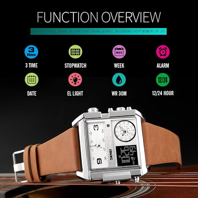 Montre-bracelet à quartz analogique, étanche, grand cadran numérique LED, bracelet en cuir