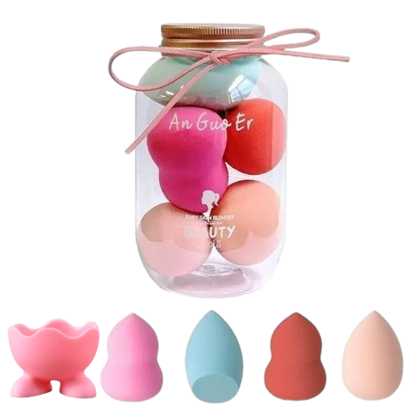 Set de 4 Éponges de Maquillage en Pot – Beauty Blenders Multiformes avec Support
