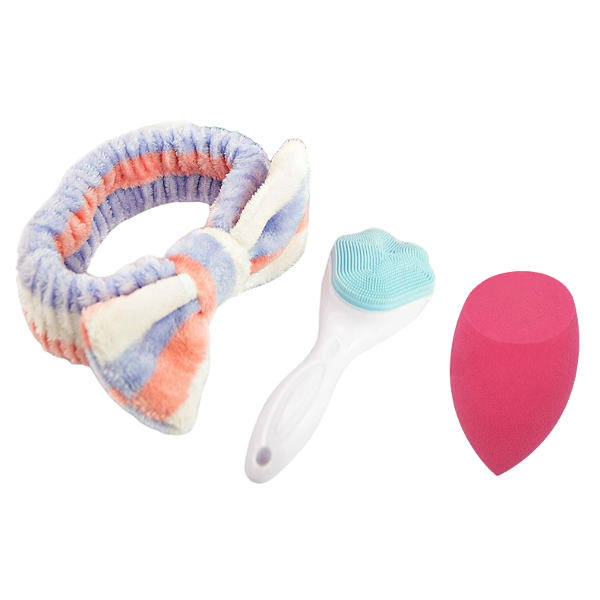 Kit Soin Visage Complet - Bandeau, Éponge de Maquillage & Brosse Exfoliante en Silicone