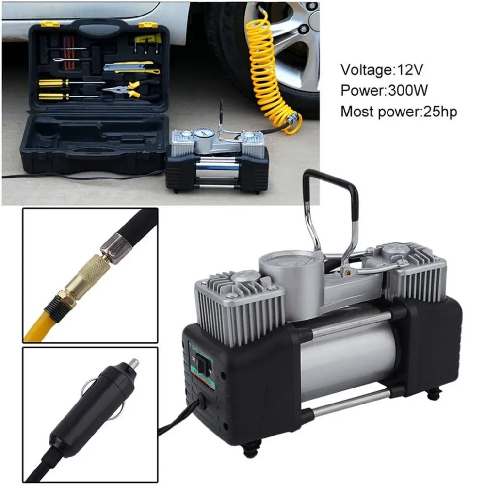 Compresseur d’air de voiture 12V 60L/min 300W 150PSI, gonfleur à Double cylindre en acier inoxydable, pompe de gonflage de pneus de voiture haute puissance