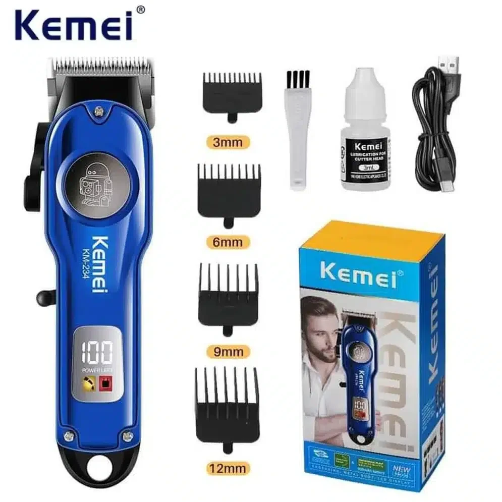 Tondeuse à cheveux professionnelle sans fil rechargeable à affichage LED Kemei KM-234- Bleu