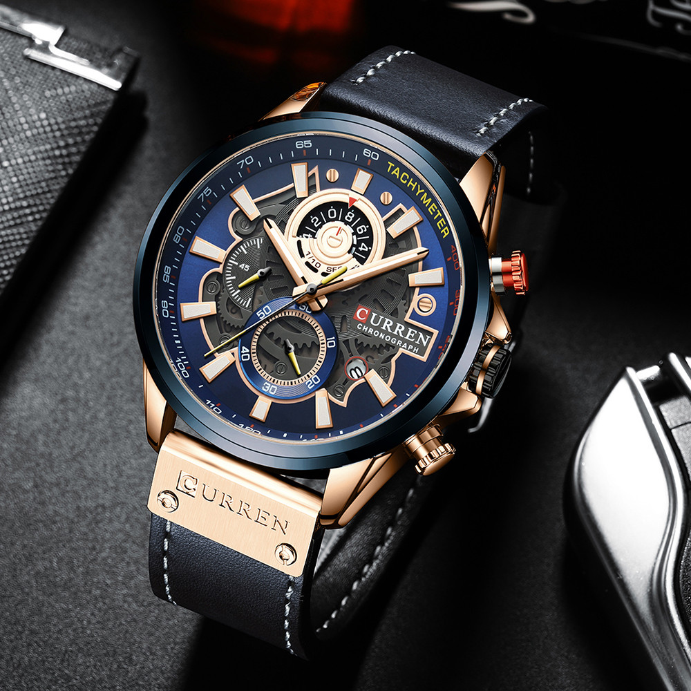 Curren Montre-bracelet de sport , chronographe, militaire, luxe, bleu, cuir véritable,