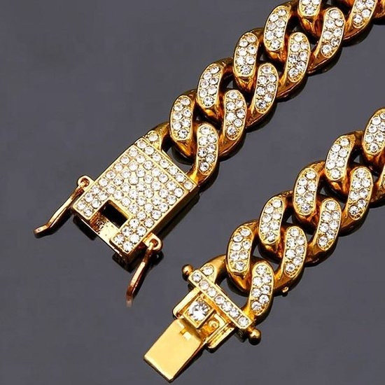 Collier Homme Chaîne Cubaine Doré Incrustée de Zircons – Fermoir Coffre-Luxe -