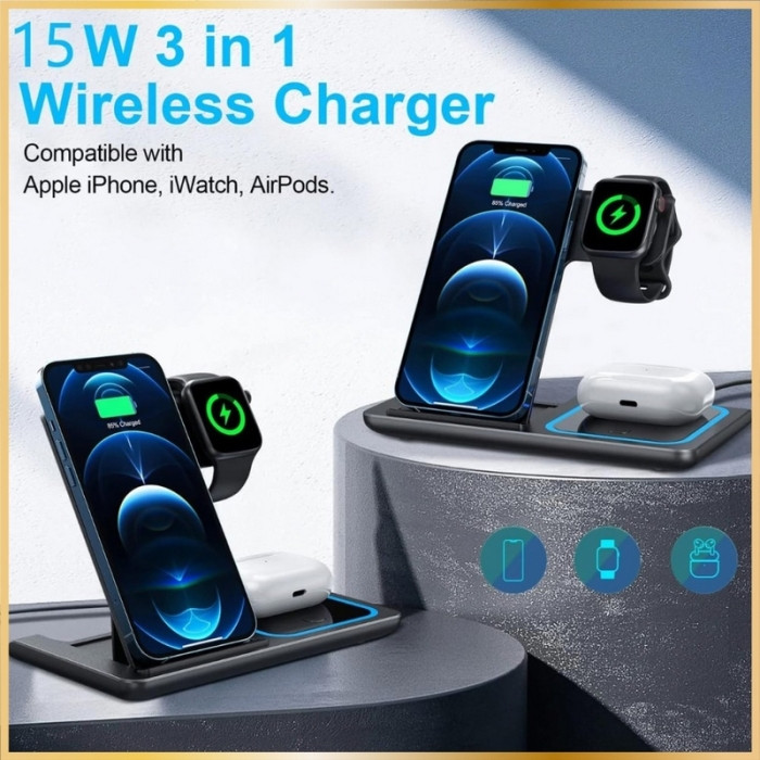 Chargeur Sans Fil 3 en 1 Pliable – Recharge rapide sans fil