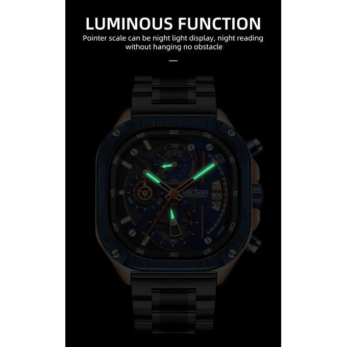 Megir Montre à quartz étanche pour homme, cadran carré, chronographe,acier inoxydable