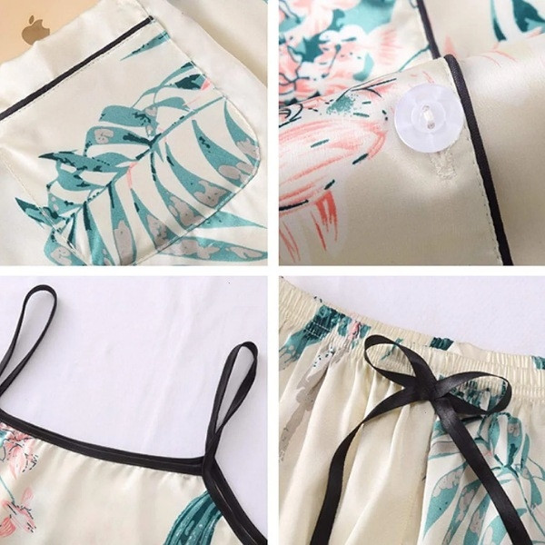 Pyjama Femme Satin 7 Pièces – Ensemble Nuit Imprimé Floral avec Bordure Contrastée