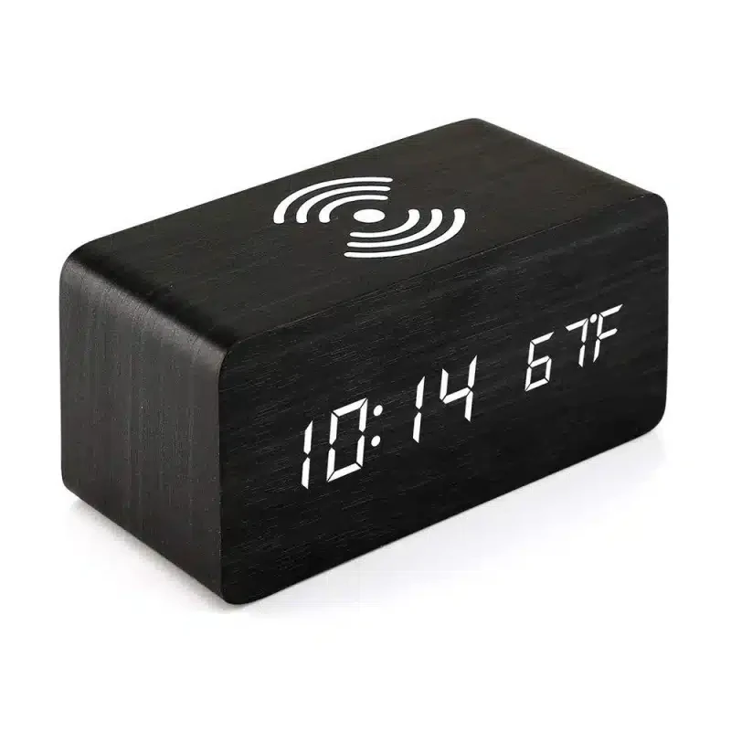 Réveil numérique en bois à commande vocale, charge sans fil, température, Date, Mode nuit, horloge de Table, 3 alarmes, horloge LED 12/24H