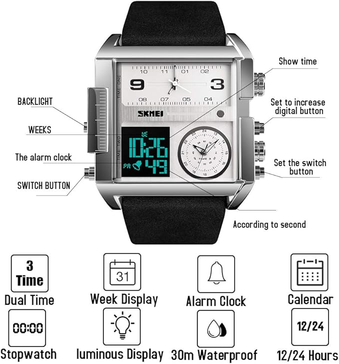 Montre-bracelet à quartz analogique, étanche, grand cadran numérique LED, bracelet en cuir