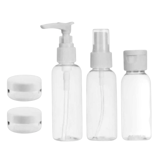 Kit de Voyage – 3 Flacons Rechargeables 50 ml + 2 Pots 10 ml – Spray, Pompe & Bouteille Vide